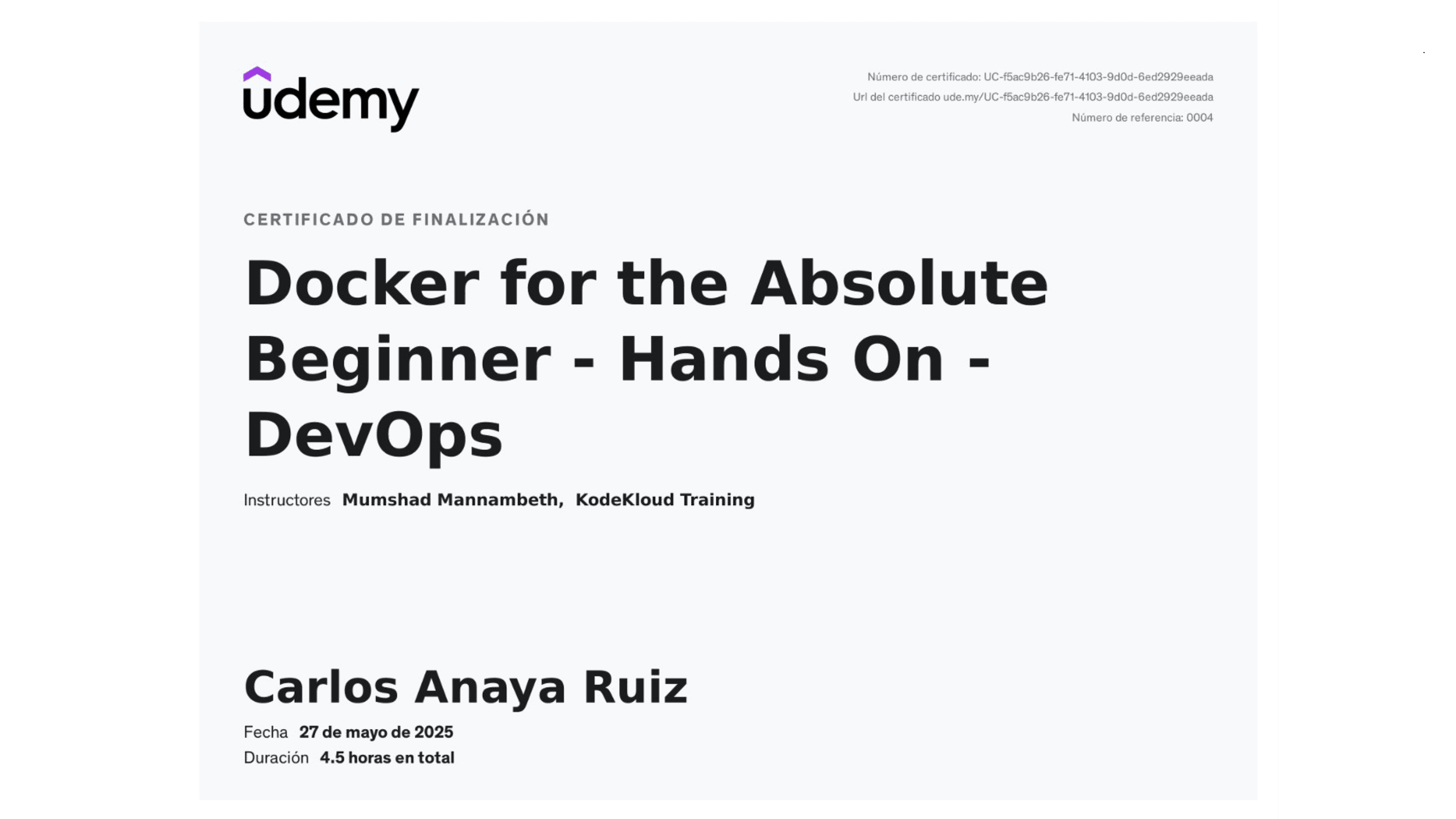 Carlos Anaya Ruiz - Certificación: Docker/DevOps - Udemy