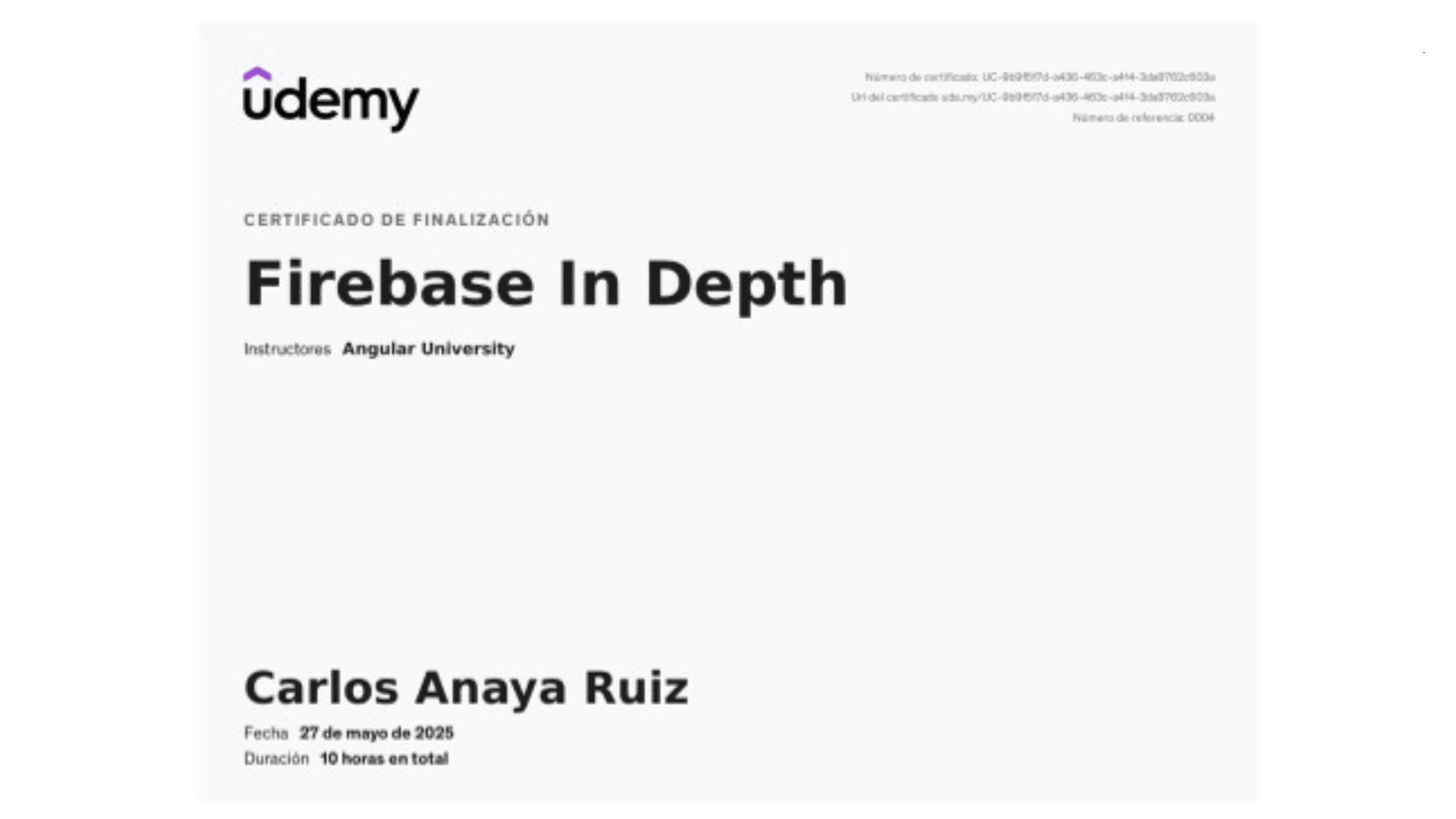Carlos Anaya Ruiz - Certificación: Firebase In Depth - Udemy