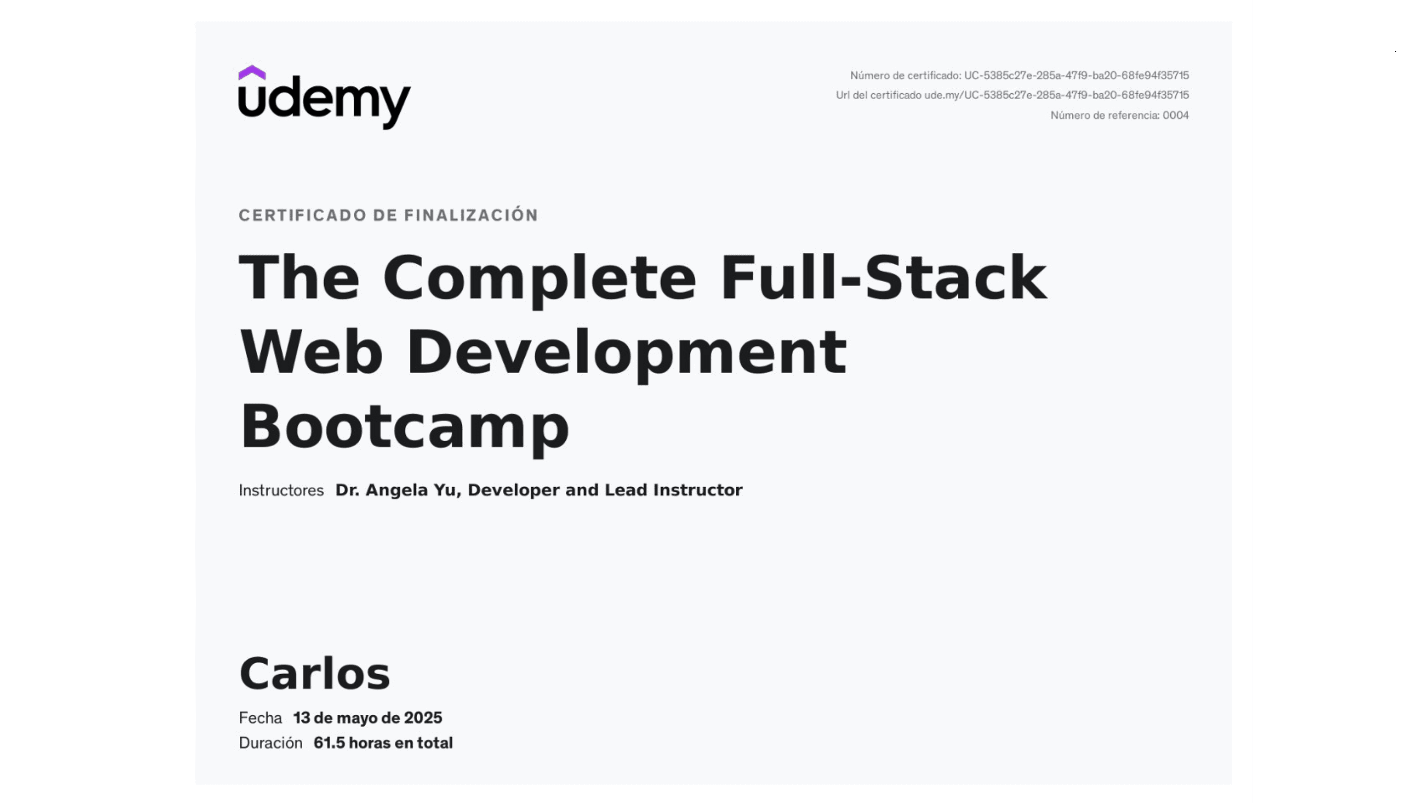 Carlos Anaya Ruiz - Certificación: Full-Stack Web Development Bootcamp - Udemy