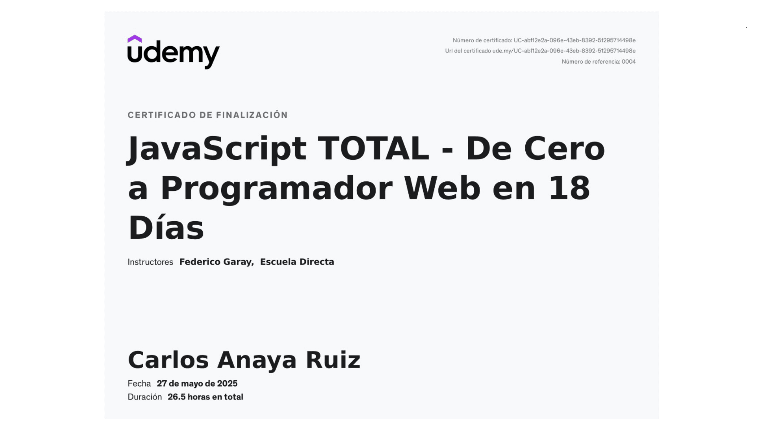 Carlos Anaya Ruiz - Certificación: JavaScript TOTAL - Udemy
