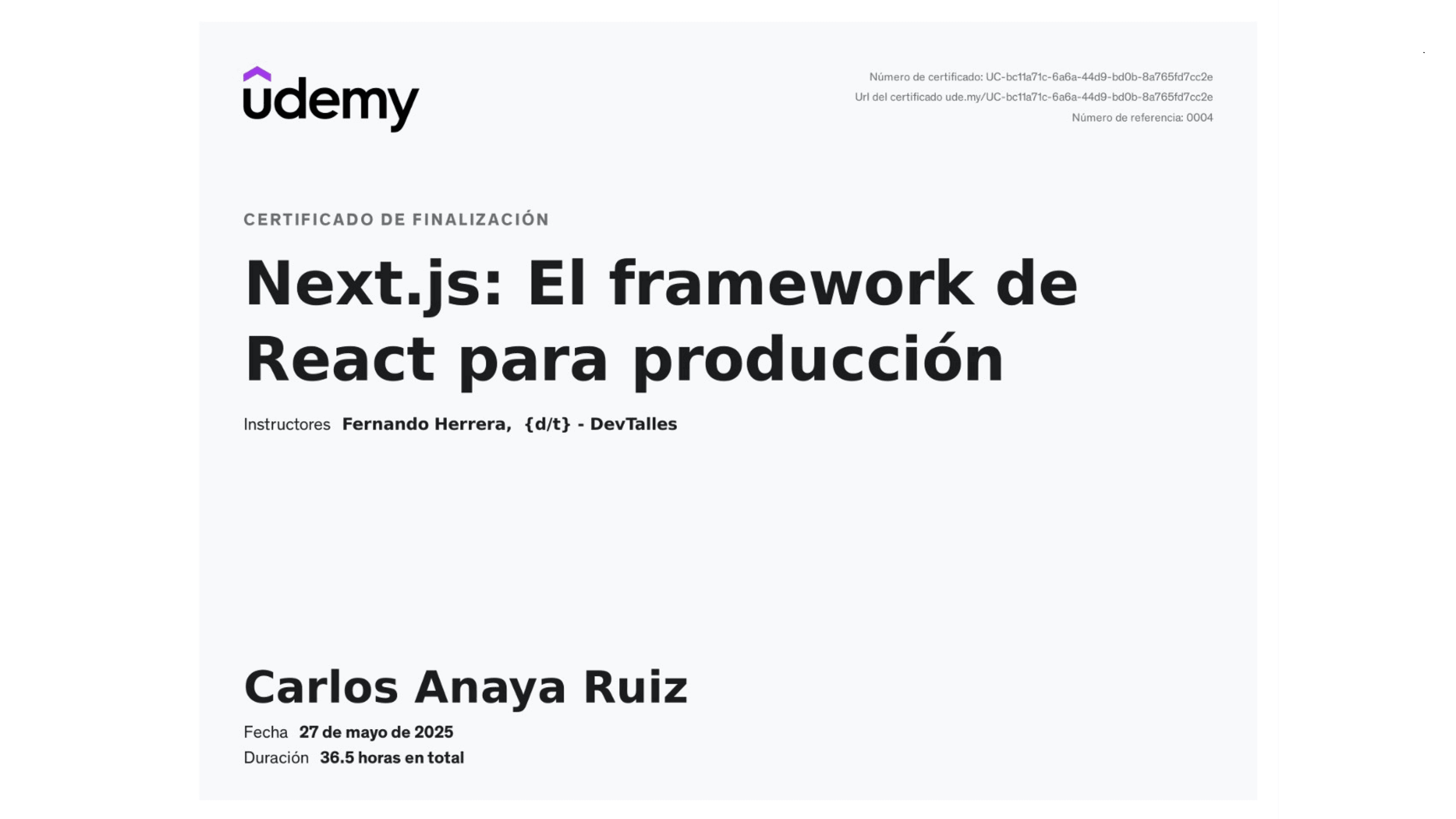 Carlos Anaya Ruiz - Certificación: Next.js: El framework de React para producción - Udemy