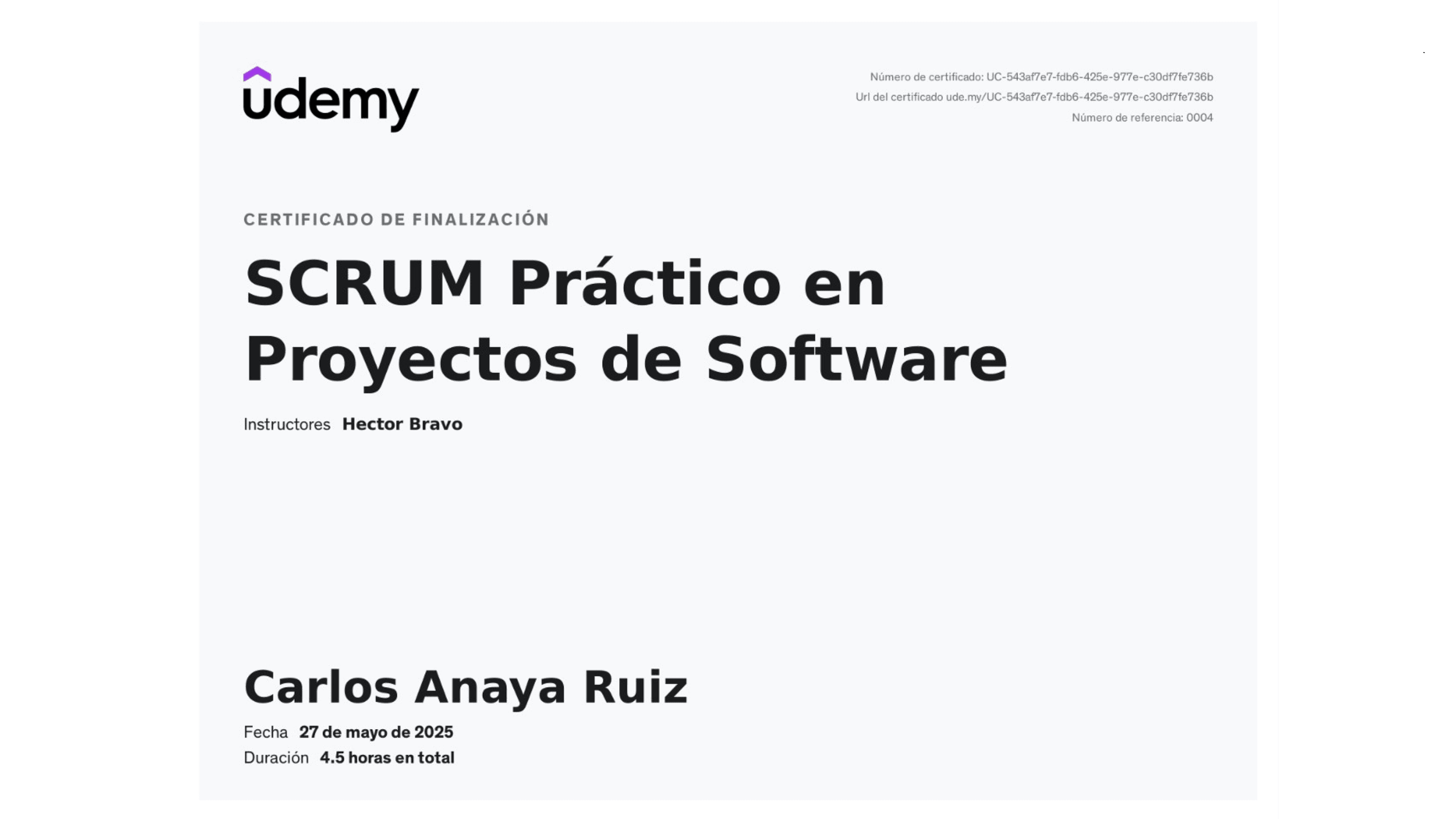Carlos Anaya Ruiz - Certificación: Scrum Práctico en Proyectos de Software - Udemy